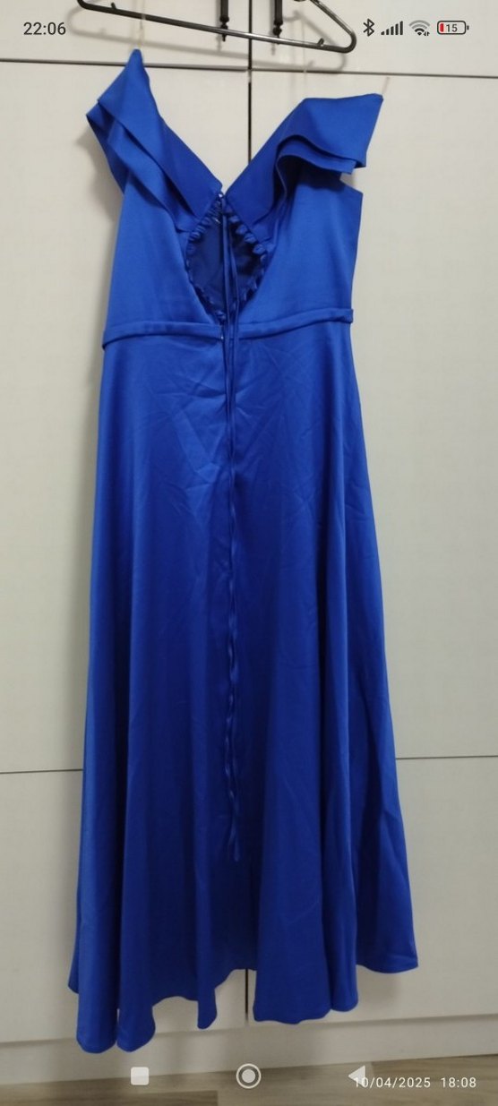 Drapeli Uzun Mavi Kadın Abiye Elbise - Görsel 2