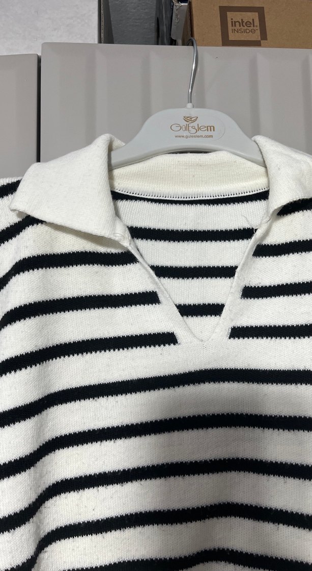 Çizgili Uzun Kollu Kadın Triko Kazak - Görsel 3