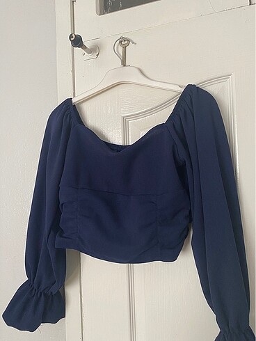 lacivert uzun kol crop bluz
