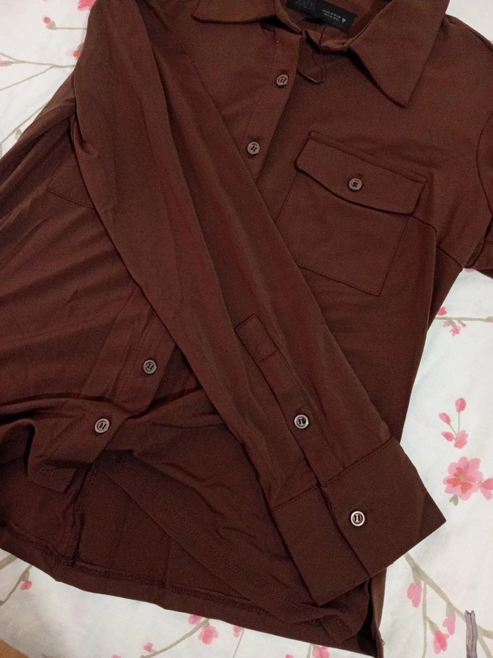 Düğmeli Kahverengi Uzun Kollu Kadın Gömlek - Görsel 4