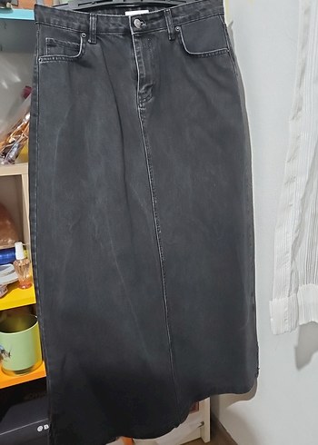 Beju Be Gri Midi Boy Bol Kesim Kot Etek