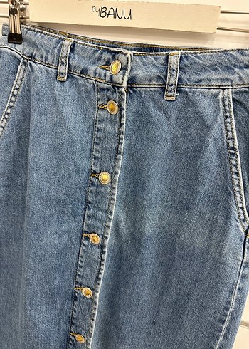 Düğmeli Mavi Midi Kot Etek G187 - Görsel 2