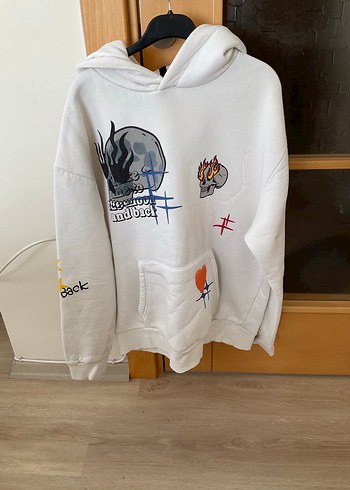 Beyaz Kapüşonlu Baskılı Sweatshirt Erkek L