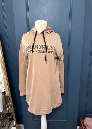 Bej Kapüşonlu Uzun Sweatshirt