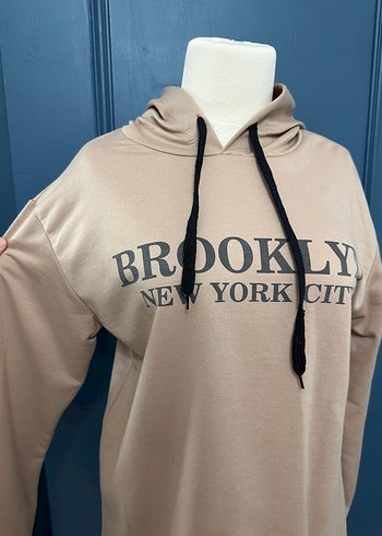 m Beden Bej Kapüşonlu Uzun Sweatshirt