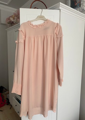 Pembe Midi Keten Tunik, Fırfırlı, Uzun Kollu