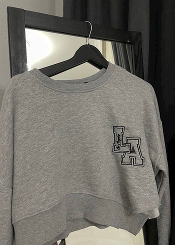 Gri Uzun Kollu Crop Sweatshirt - Görsel 2