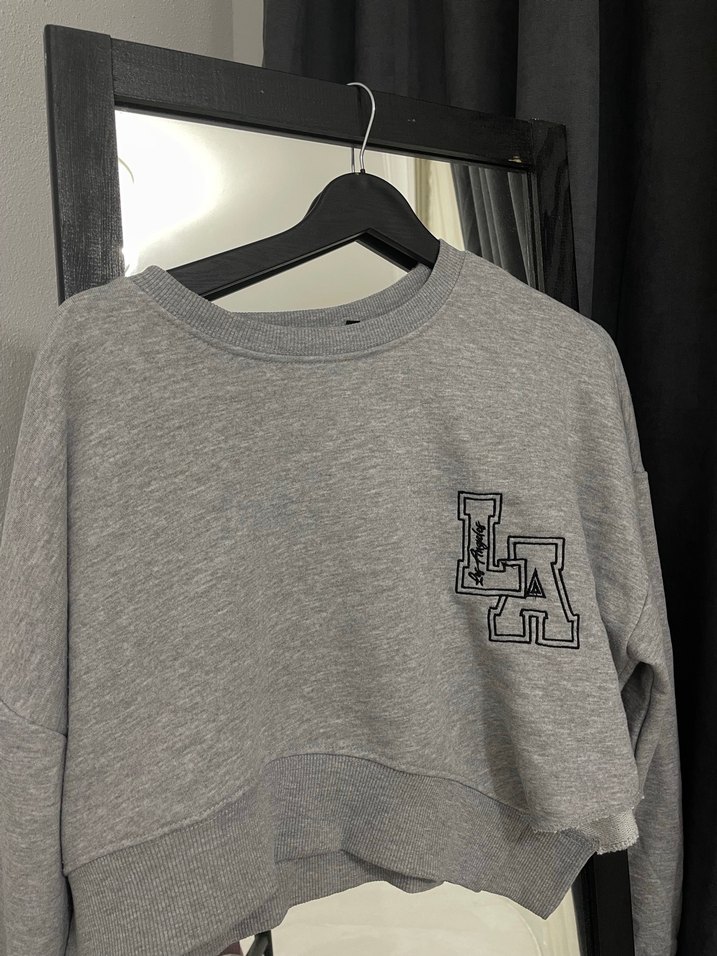 Gri Uzun Kollu Crop Sweatshirt - Görsel 2