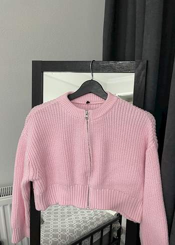 Pembe Yarım Fermuarlı Örgü Kadın Kazak - Görsel 2