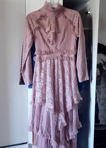 Uzun Kollu Pembe Vintage Bohem Elbise - Görsel 2