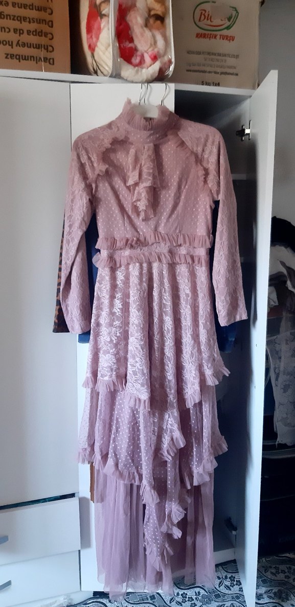 Uzun Kollu Pembe Vintage Bohem Elbise - Görsel 2