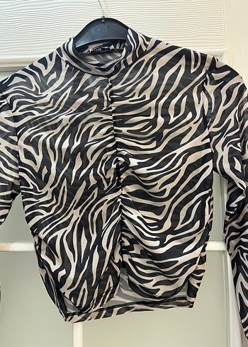 m Beden Zebra Desenli Pileli Mini Uzun Kollu Bluz