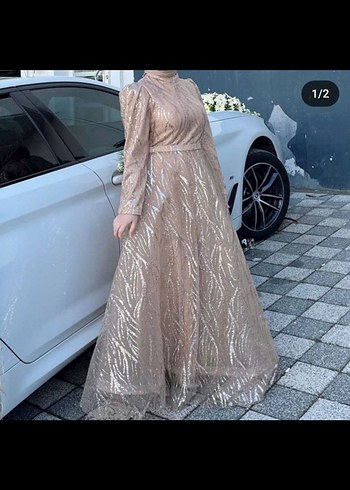 Abiye Bej İşlemeli Uzun Kollu Abiye Elbise