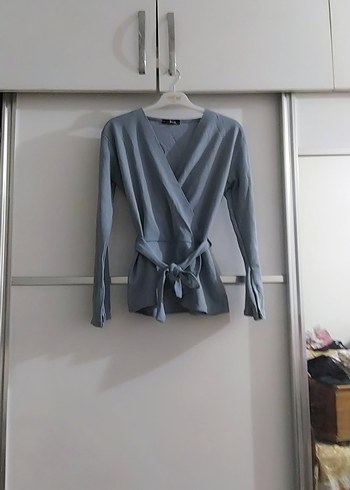 Diğer Gri kuruvaze Yaka Kemerli Uzun Kollu Kadın Bluz