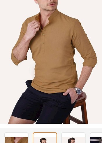 Bej Mini Kısa Kollu Düğmeli Erkek Gömlek - Görsel 2