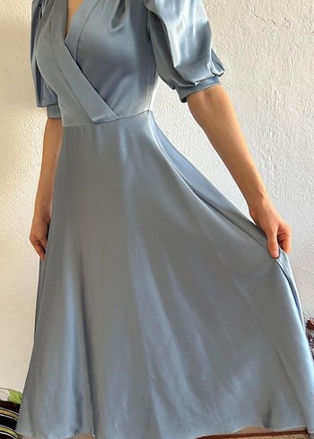 s Beden bebek mavisi saten Mini V Yaka Drapeli Kadın Elbise