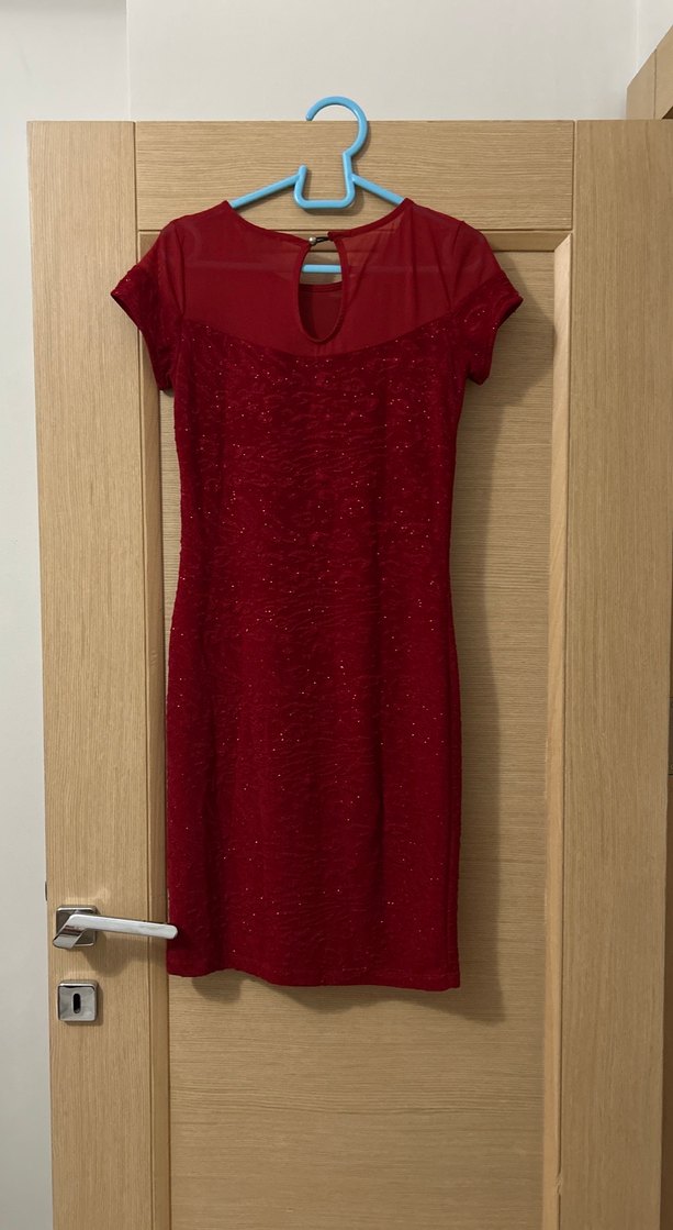 Bordo simli diz altı dar elbise - Görsel 3