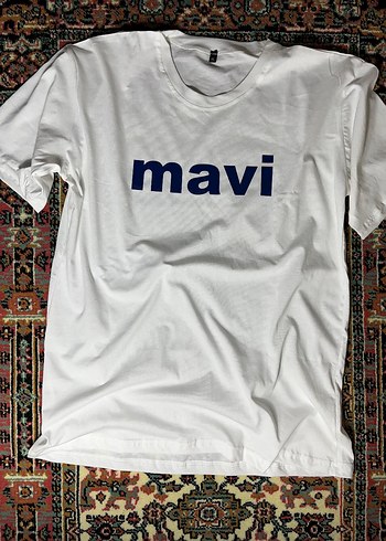 Mavi Baskılı Beyaz Erkek-Kadın Tişört