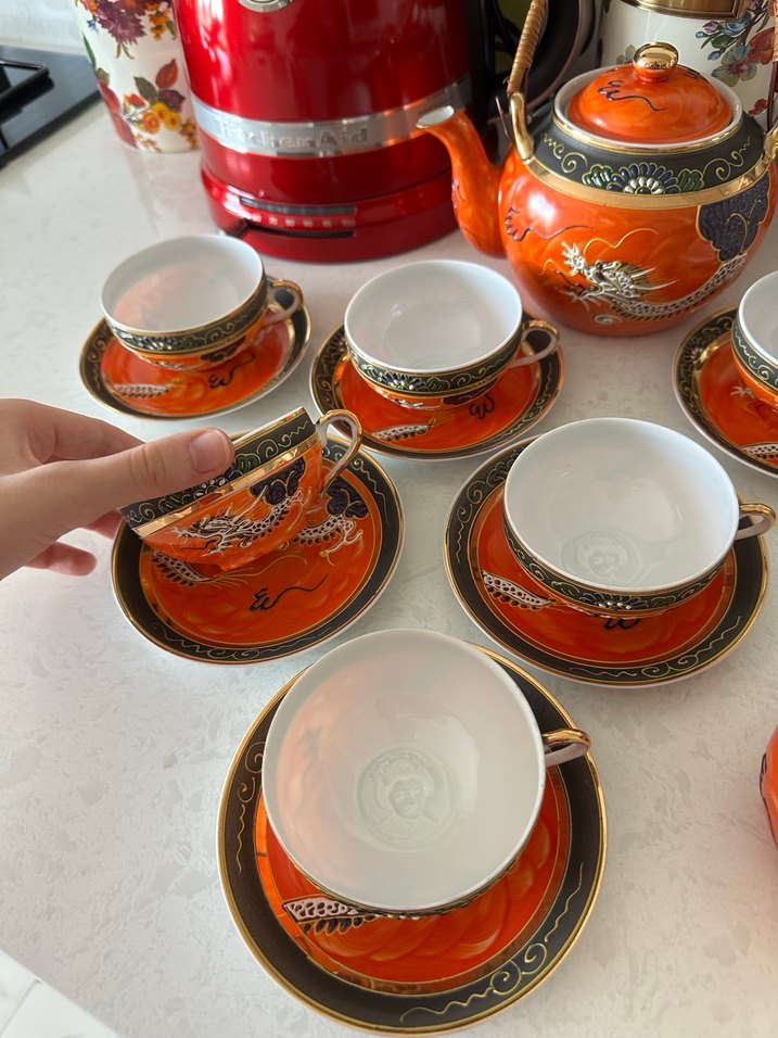 Ejderha Desenli Porselen Japon Çay Seti Geyşa damgalı - Görsel 2