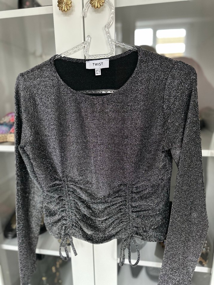 Gri Büzgülü Kadın Triko Bluz - Görsel 2