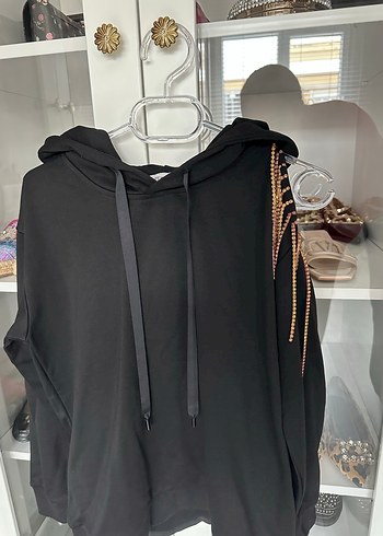 Taş Detaylı Siyah Kapüşonlu Sweatshirt - Görsel 2