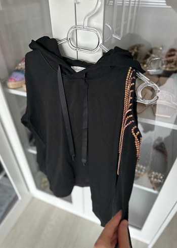 Taş Detaylı Siyah Kapüşonlu Sweatshirt - Görsel 3