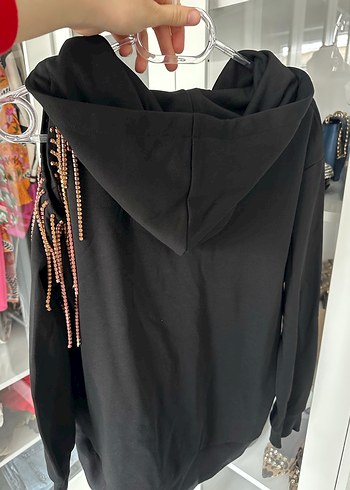 Taş Detaylı Siyah Kapüşonlu Sweatshirt - Görsel 5