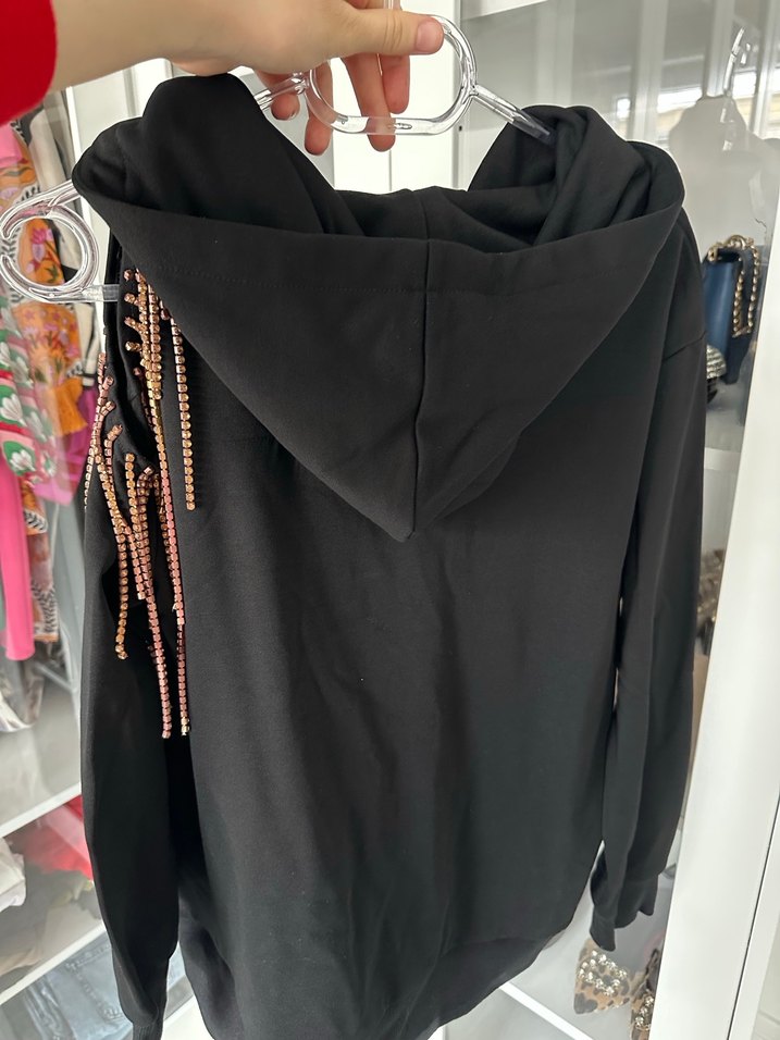 Taş Detaylı Siyah Kapüşonlu Sweatshirt - Görsel 5