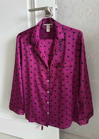 Puantiyeli Parlak Pembe Uzun Kollu Kadın Pijama Takımı - Görsel 4