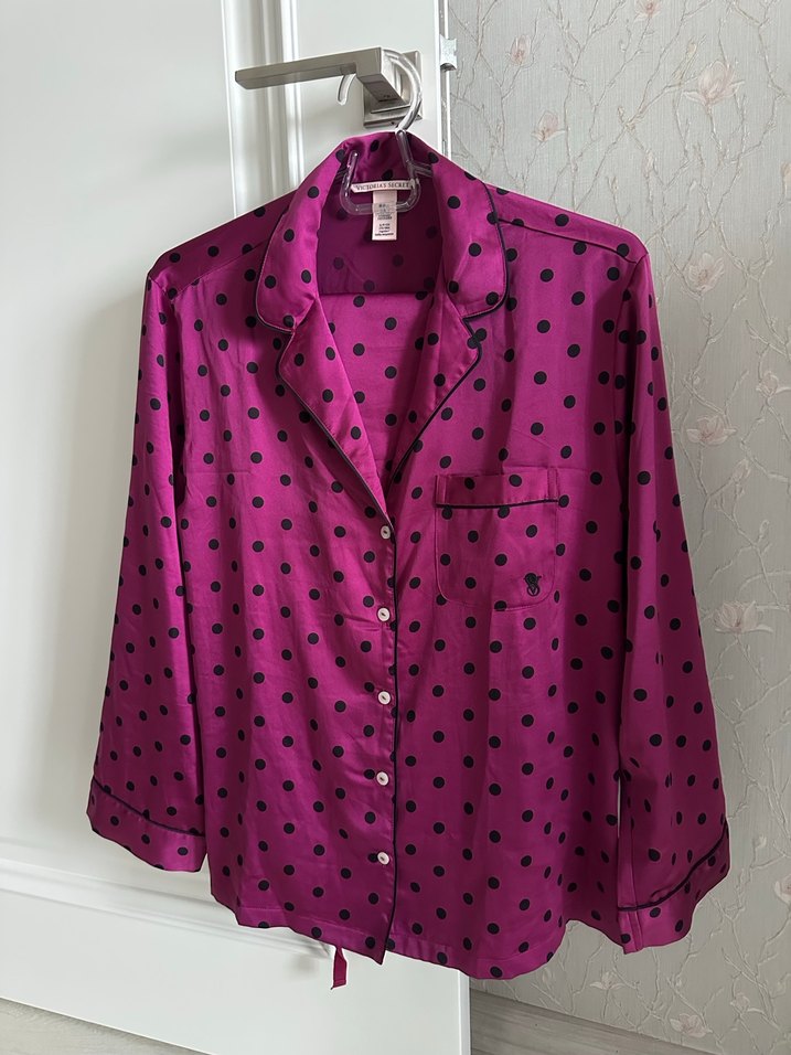 Puantiyeli Parlak Pembe Uzun Kollu Kadın Pijama Takımı - Görsel 4