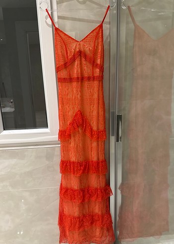 Nar çiçeği Dantelli Uzun Bohem Abiye - Görsel 3