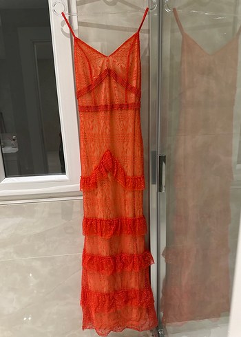 Nar çiçeği Dantelli Uzun Bohem Abiye - Görsel 4