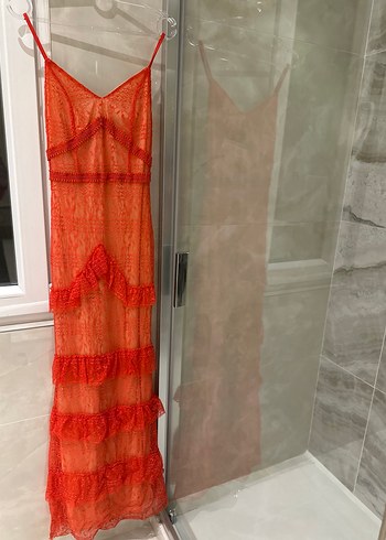 Nar çiçeği Dantelli Uzun Bohem Abiye - Görsel 5