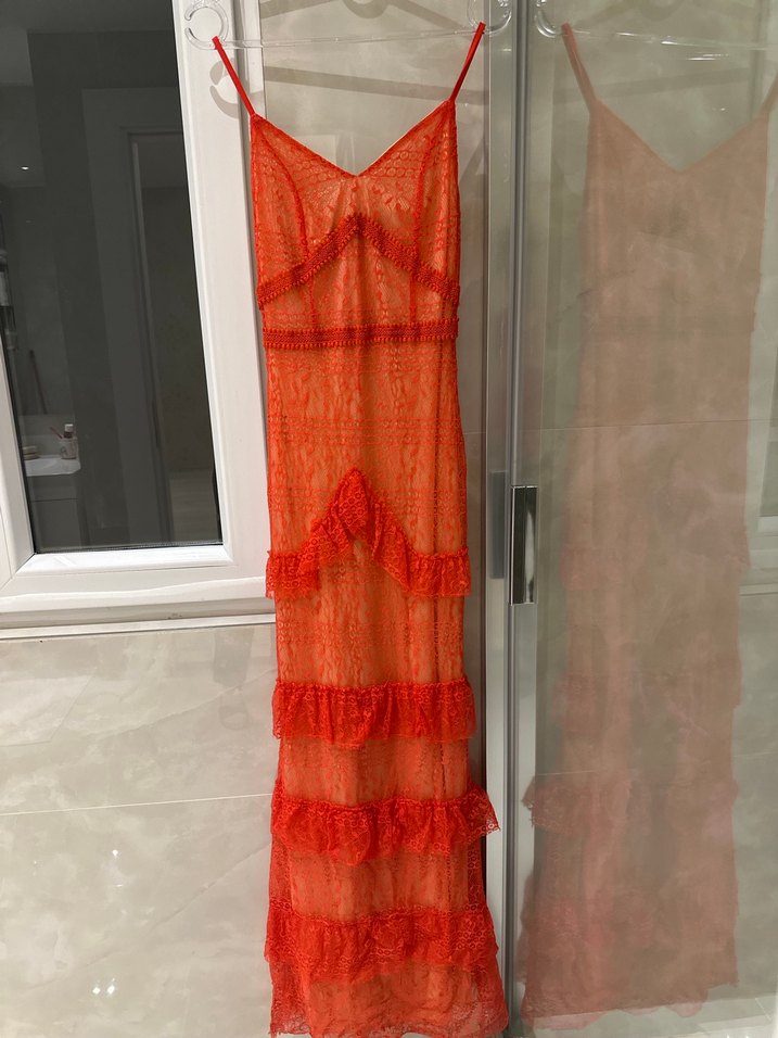 Nar çiçeği Dantelli Uzun Bohem Abiye - Görsel 3