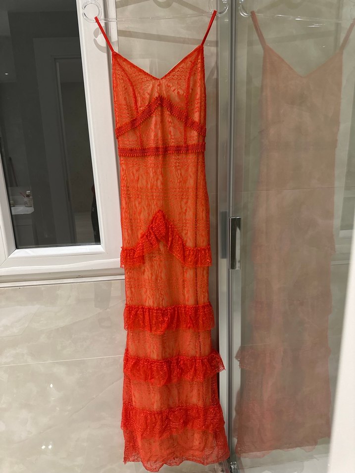 Nar çiçeği Dantelli Uzun Bohem Abiye - Görsel 4