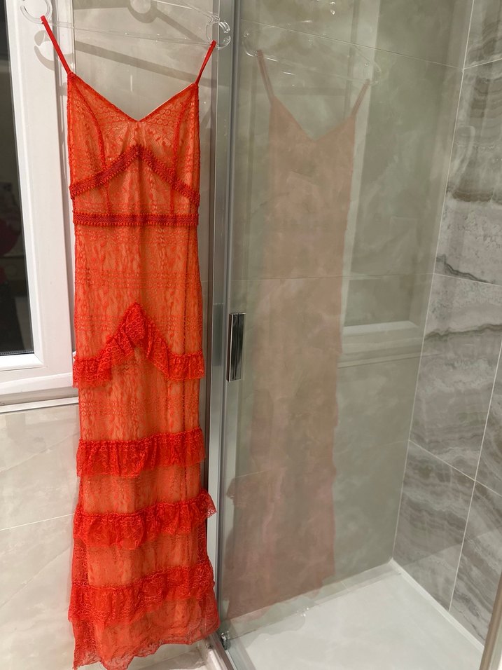 Nar çiçeği Dantelli Uzun Bohem Abiye - Görsel 5