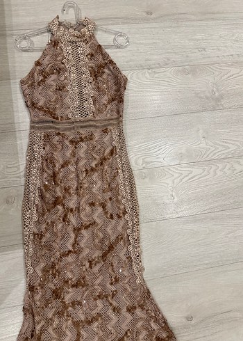 Bej Dantel Detaylı Uzun Abiye Elbise - Görsel 3