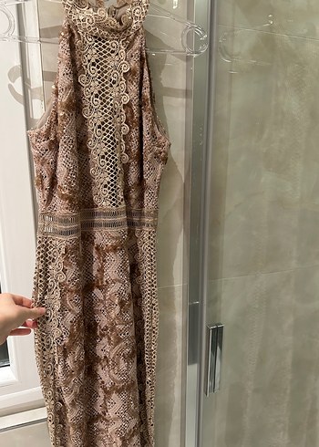 Bej Dantel Detaylı Uzun Abiye Elbise - Görsel 10