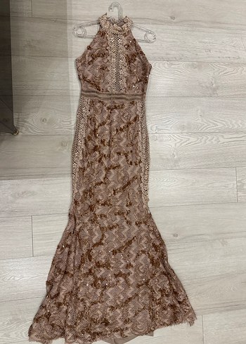 Bej Dantel Detaylı Uzun Abiye Elbise - Görsel 5