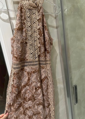 Bej Dantel Detaylı Uzun Abiye Elbise - Görsel 8