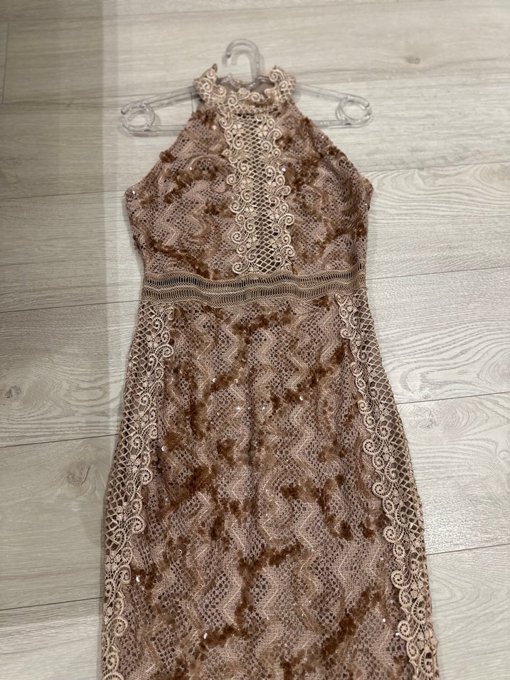 Bej Dantel Detaylı Uzun Abiye Elbise - Görsel 2