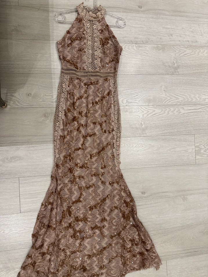 Bej Dantel Detaylı Uzun Abiye Elbise - Görsel 4