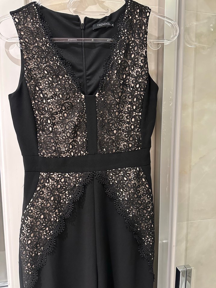 Dantel Detaylı Siyah Uzun Kadın Tulum - Görsel 3