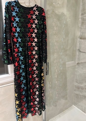 Uzun Kollu Çok Renkli Payetli Kadın Abiye Elbise yıldız detaylı - Görsel 3