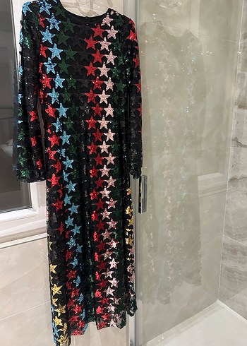 Uzun Kollu Çok Renkli Payetli Kadın Abiye Elbise yıldız detaylı - Görsel 2