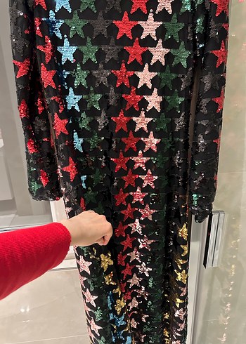 Uzun Kollu Çok Renkli Payetli Kadın Abiye Elbise yıldız detaylı - Görsel 4