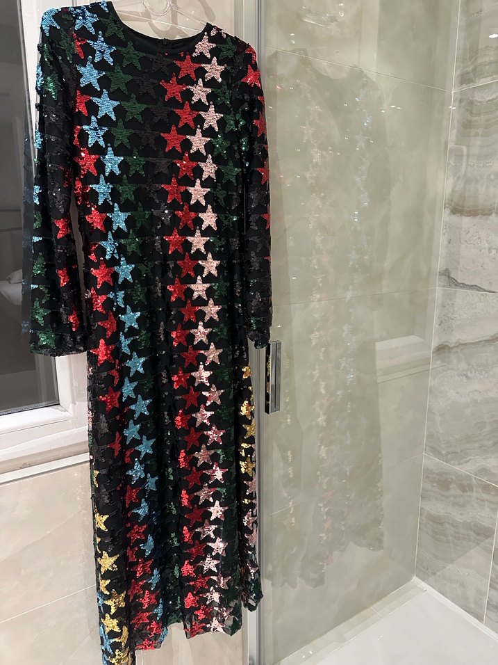 Uzun Kollu Çok Renkli Payetli Kadın Abiye Elbise yıldız detaylı - Görsel 3