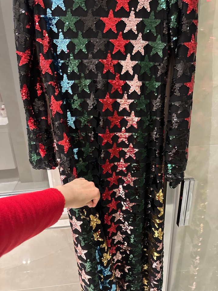 Uzun Kollu Çok Renkli Payetli Kadın Abiye Elbise yıldız detaylı - Görsel 4
