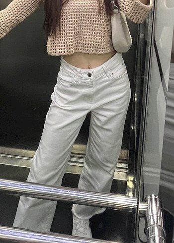 Beyaz Bol Paça Kot Pantolon - Görsel 7