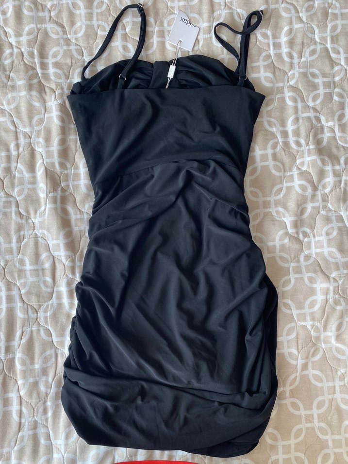 Siyah Straplez Midi Drapeli Kadın Elbise - Görsel 2